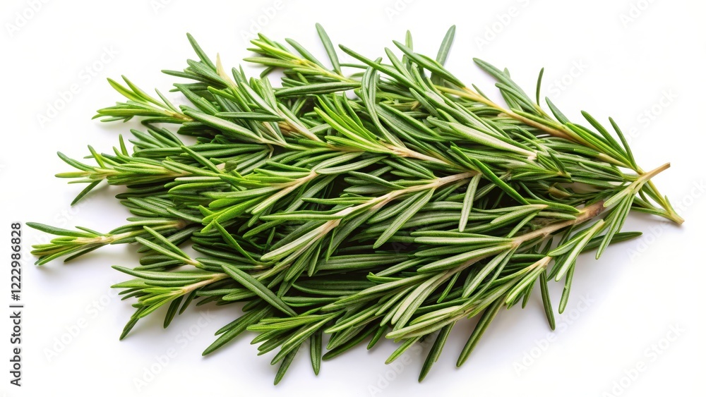 Fresh rosemary leaves scattered on a white background, isolated and detailed for herbal spice use, nature Fresh rosemary leaves scattered on a white background, isolated and detailed for herbal spice use, nature