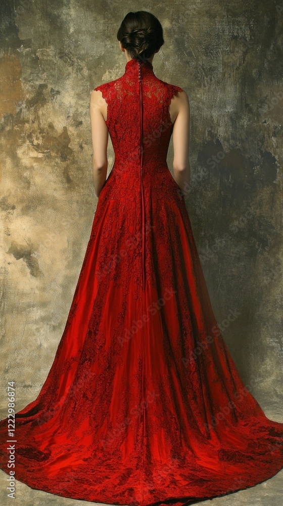 A woman in a stunning red dress, captured from the back against a textured background. A woman in a stunning red dress, captured from the back against a textured background.