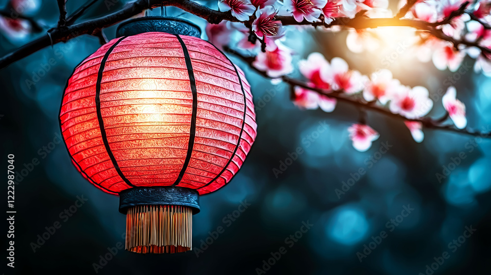 Fototapeta premium Red Lantern Hanging on Cherry Blossom Tree: Asian Lantern Festival