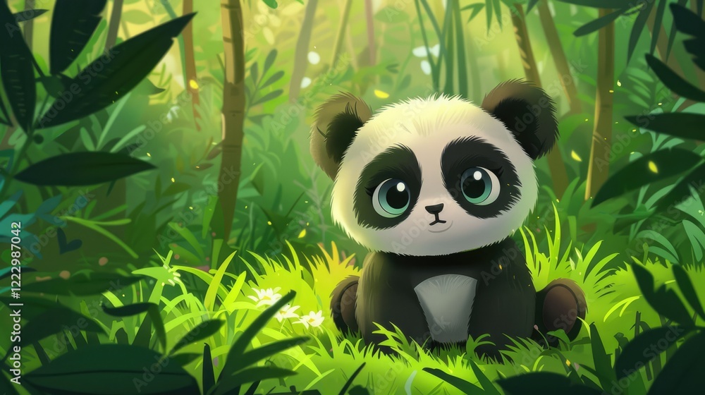 Adorable Panda Bear in Lush Jungle Adorable Panda Bear in Lush Jungle