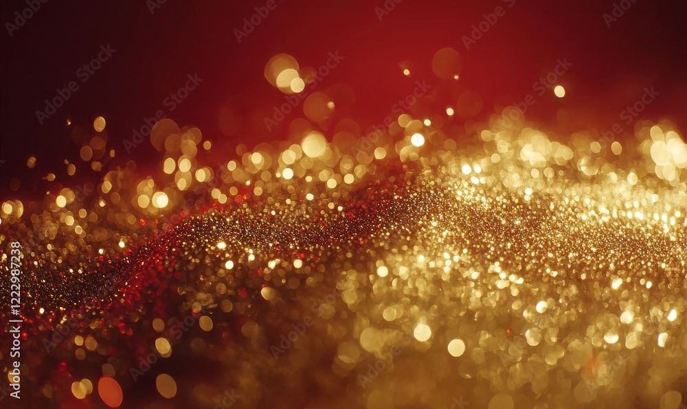 A luxury background of shimmering golden glitter with a bokeh effect on a red background.