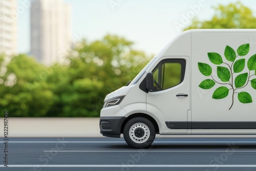 Electric delivery van on a city road, green leaves and ecosymbols, 3D illustration photo