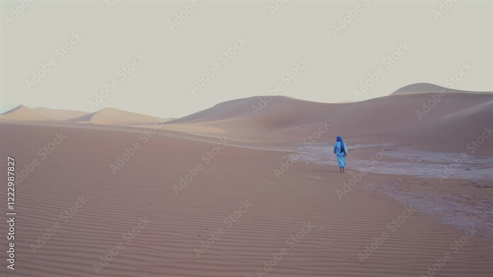 arabian berber man walking on sahara sand dune in desert in north africa arabian berber man walking on sahara sand dune in desert in north africa