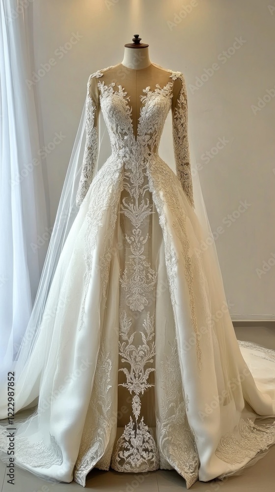 Elegant bridal gown with intricate lace details and a flowing train. Elegant bridal gown with intricate lace details and a flowing train.