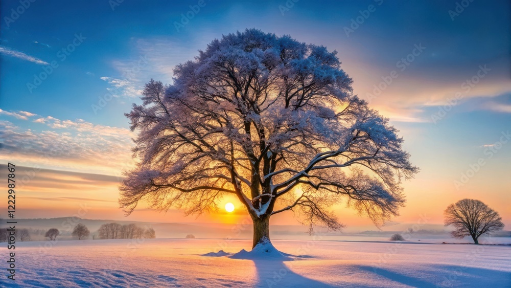 A majestic tree stands alone in a serene winter landscape with snowfall gently falling around it, its branches etched against the fading light of late evening , frosty, snowfall A majestic tree stands alone in a serene winter landscape with snowfall gently falling around it, its branches etched against the fading light of late evening , frosty, snowfall