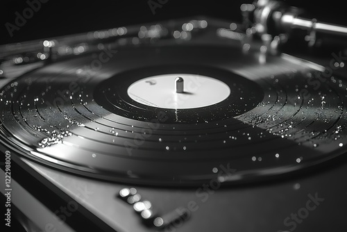 A vinyl record sits on a turntable glistening with water droplets The monochrome image evokes a sense of nostalgia and musical appreciation photo