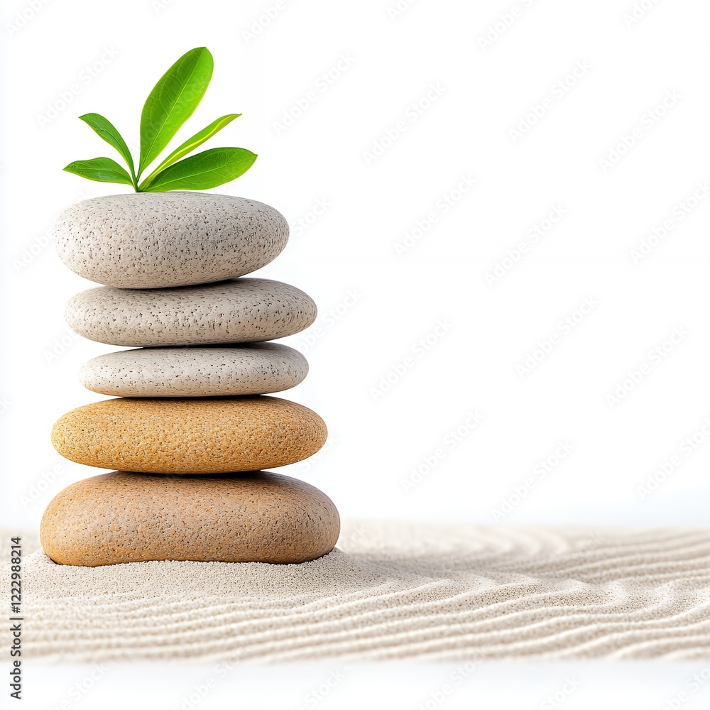 Stack of smooth stones with a green leaf on top resting on raked sand evoking serenity and balance Stack of smooth stones with a green leaf on top resting on raked sand evoking serenity and balance