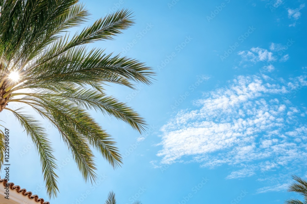 Sunny Palm Tree, Blue Sky, Vacation Resort Sunny Palm Tree, Blue Sky, Vacation Resort