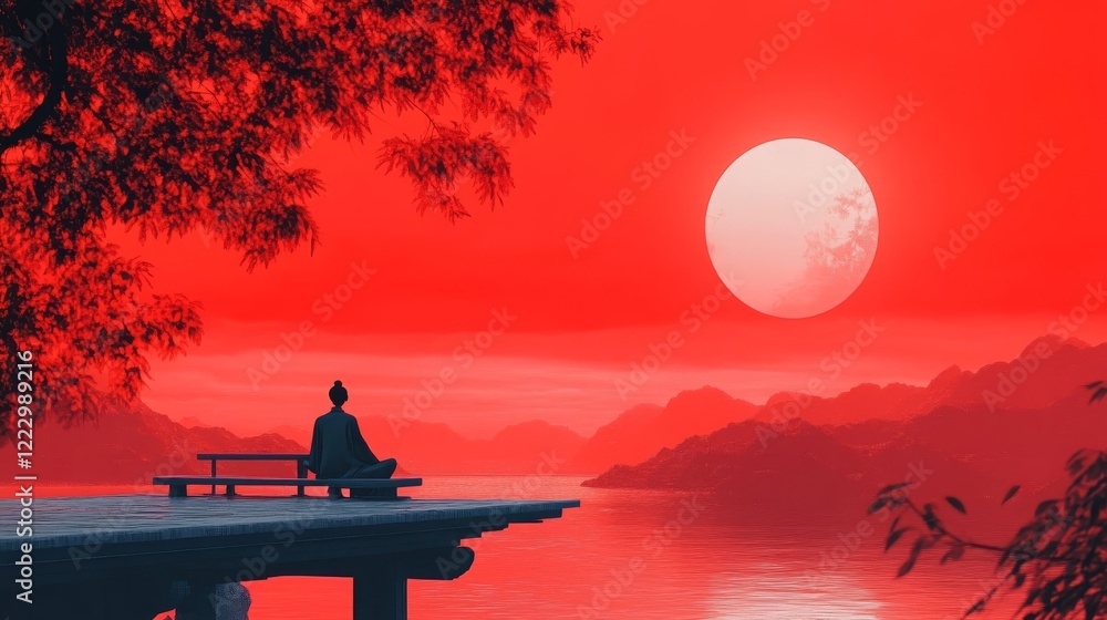 Peaceful scene of a person sitting on a pier meditating, surrounded by a vivid red sunset over calm water and mountains.