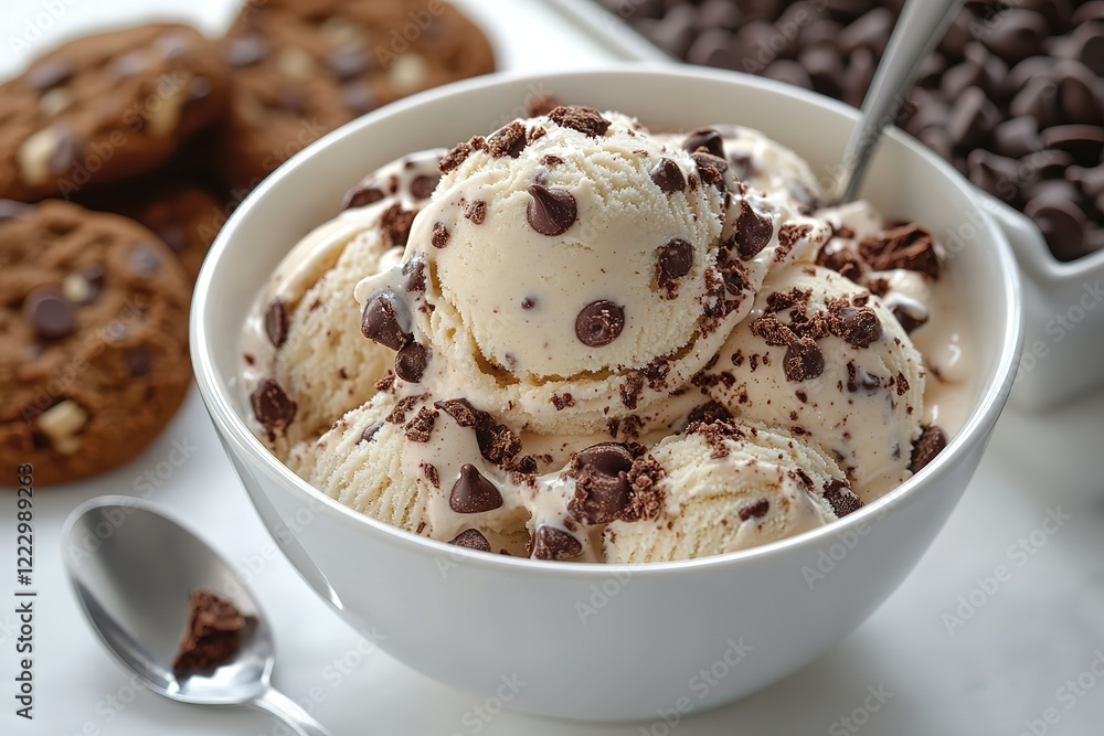 Creamy vanilla ice cream studded with chocolate chips and cookie crumbs served in a bowl A sweet treat perfect for a hot day! Creamy vanilla ice cream studded with chocolate chips and cookie crumbs served in a bowl A sweet treat perfect for a hot day!