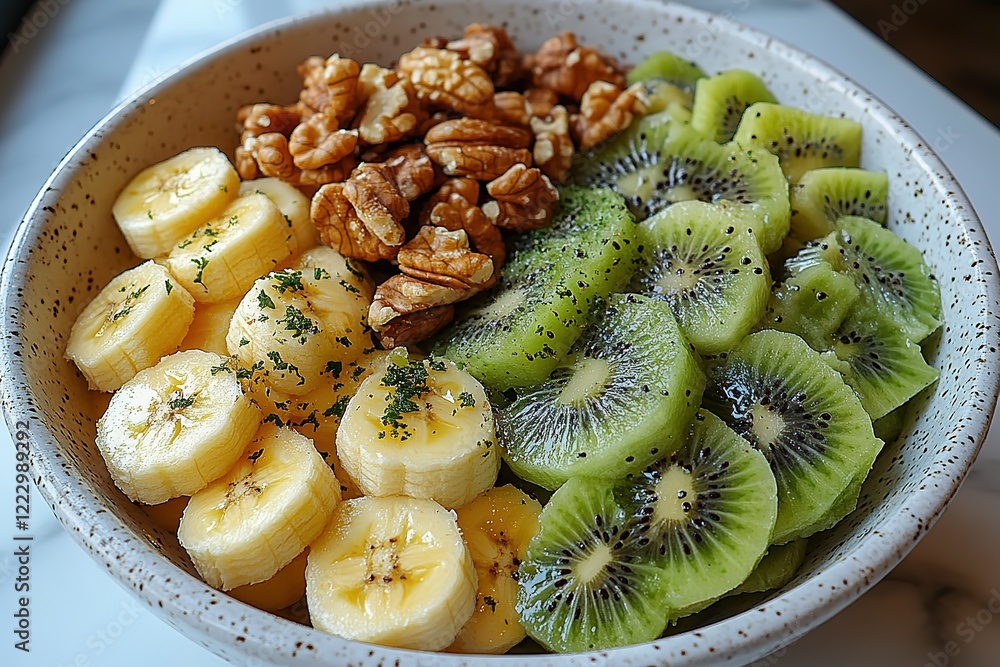 A healthy and delicious breakfast bowl filled with sliced bananas kiwi and walnuts A healthy and delicious breakfast bowl filled with sliced bananas kiwi and walnuts