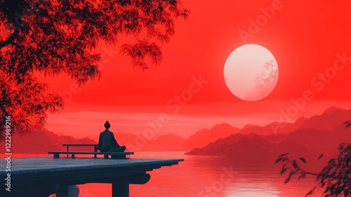 Obraz na płótnie Peaceful scene of a person sitting on a pier meditating, surrounded by a vivid red sunset over calm water and mountains. w salonie