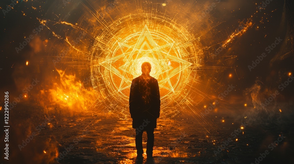Fototapeta premium Mysterious Figure Standing Before Glowing Mystical Circle at Night