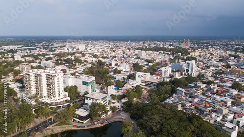 Afternoon aerial view of the skyline of downtown Villahermosa, Tabasco, Mexico.
