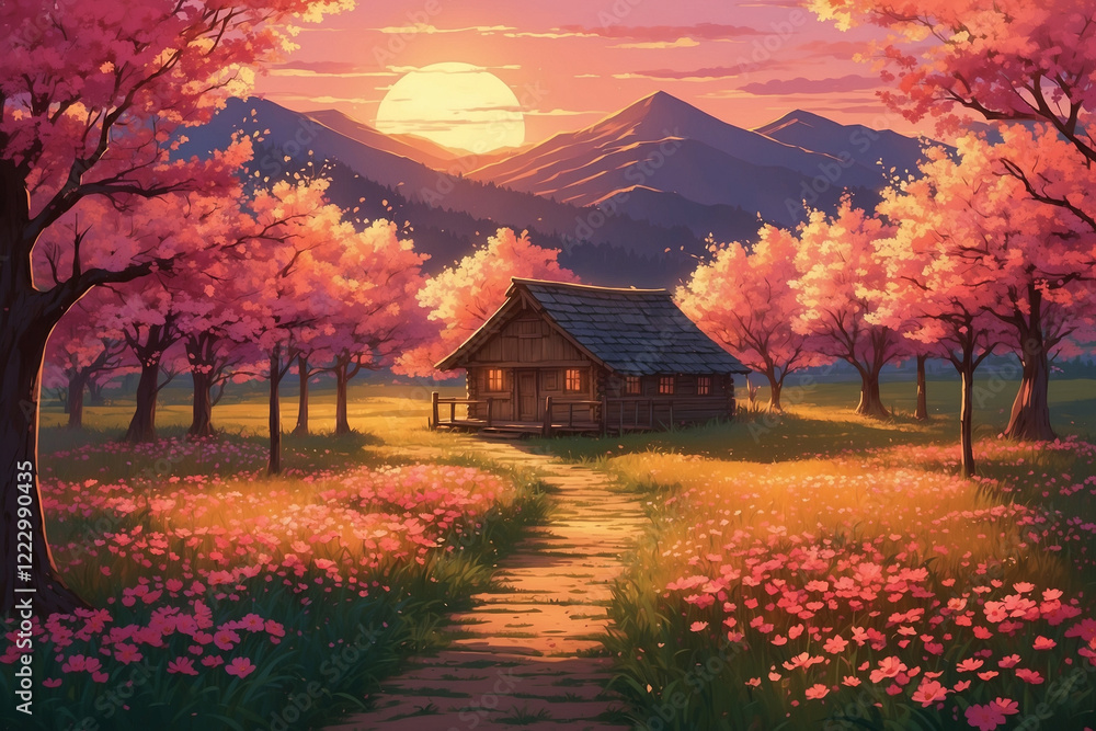Peach orchard, vibrant pink flowers, golden sunset, wooden cabin at the end of the path, soothing anime feel Peach orchard, vibrant pink flowers, golden sunset, wooden cabin at the end of the path, soothing anime feel