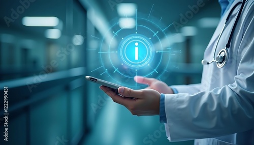 Doctor uses mobile device to access digital patient data with overlay interface graphic