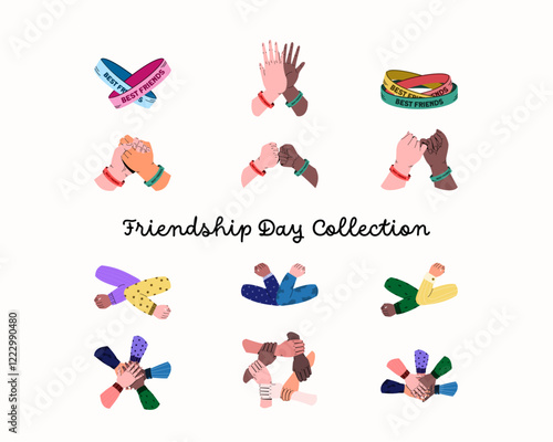 Set of friendship bracelet, high five, pinky promise, holding hands, fist bump on white background