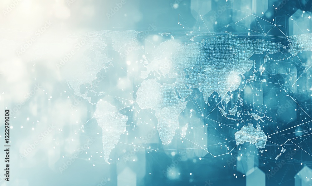 A digital world map bathed in shades of blue, featuring vibrant connections that highlight the seamless flow of technology and communication.