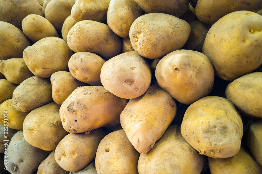 pile of unpeeled fresh potatoes, closeup pile of unpeeled fresh potatoes, closeup