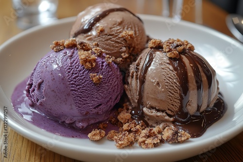 Trio of ice cream scoops: chocolate purple and a chocolate sauce drizzle topped with cookie crumbs photo