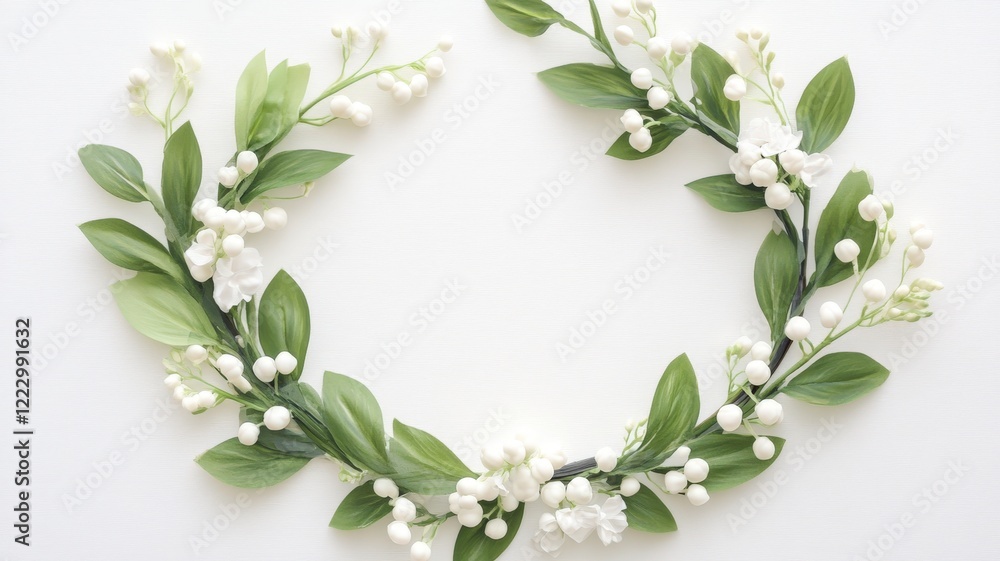 Circular spring wreath floral arrangement featuring white blooms and verdant foliage, composing elegant frame against pure white background Circular spring wreath floral arrangement featuring white blooms and verdant foliage, composing elegant frame against pure white background