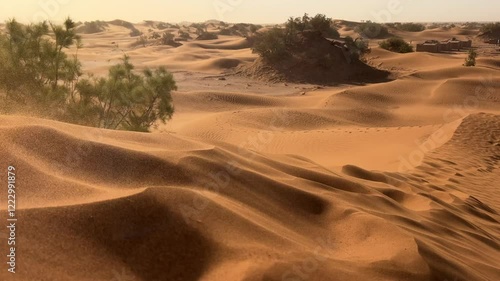 sand storm over dune in desert with wind sound
