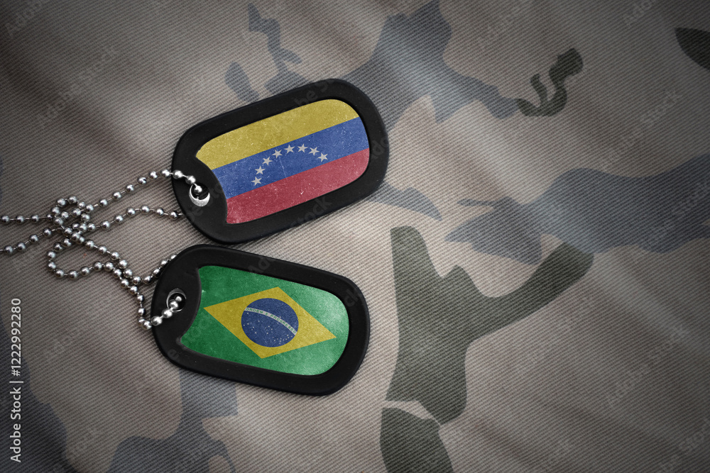 Φωτογραφία vintage army blank, dog tag with flag of venezuela and brazil on the khaki texture background