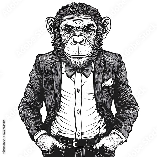 Monkey in a suit posing confidently urban setting illustration creative environment close-up view humor concept photo