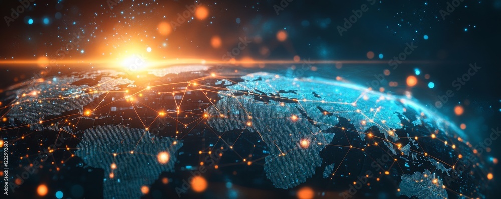 A sleek, futuristic map of the world, adorned with glowing circuits and data streams that signify advanced communication networks.