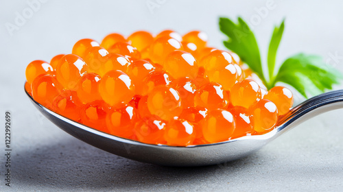 Fresh salmon roe garnished with parsley on a silver spoon against a grey background. photo