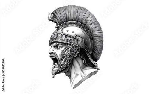 A monochrome vector illustration of a bust of an ancient warrior with a fierce expression, wearing a helmet adorned with intricate designs photo