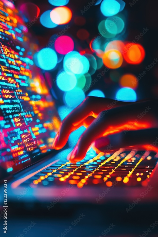 Obraz premium Laptop, hands typing code with vibrant bokeh lights in the background, showcasing technology, software development, and a futuristic digital environment.