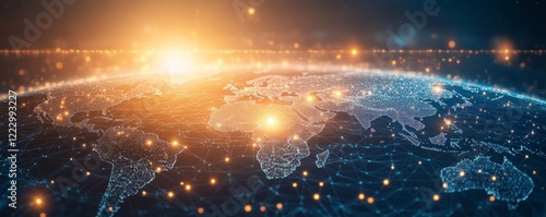 Obraz na płótnie A glowing world map with interconnected digital nodes and a golden sunrise effect, symbolizing global communication and technology innovation.
w salonie