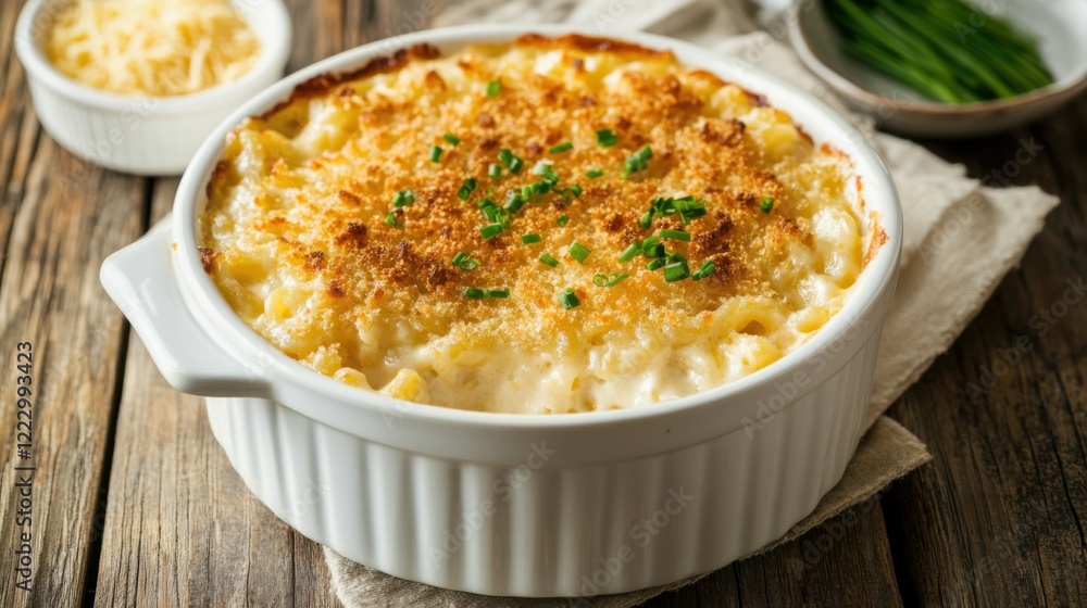 A classic and comforting mac and cheese with a crispy breadcrumb topping and creamy cheese sauce, served in a white ceramic dish, Mac and cheese centered A classic and comforting mac and cheese with a crispy breadcrumb topping and creamy cheese sauce, served in a white ceramic dish, Mac and cheese centered