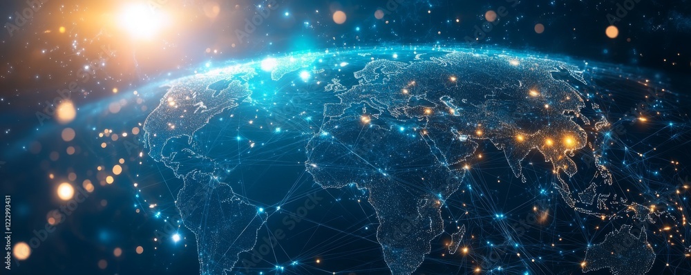 An innovative digital world map with shimmering points and intricate linkages, showcasing the backbone of modern technological interactions.