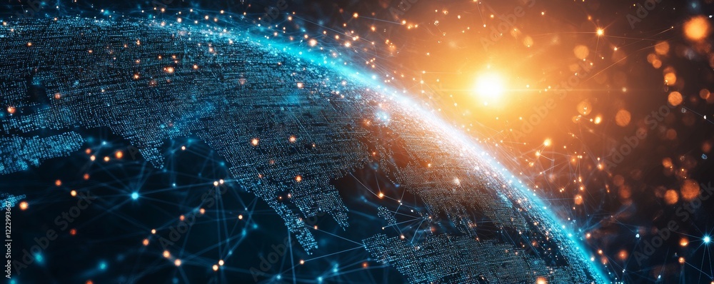 A glowing digital map of the world, illuminated by interconnected points and a golden sunrise backdrop, symbolizing the rise of advanced global communication.
