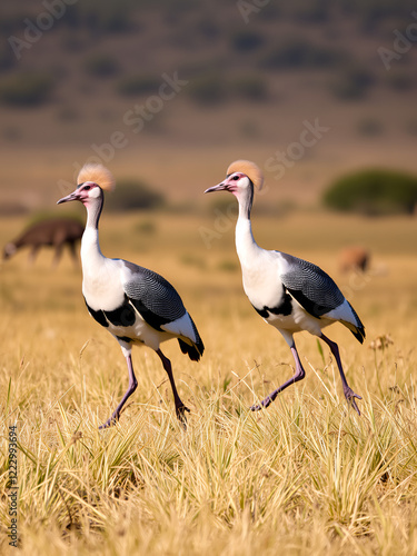 Pair two white-bellied bustard birds white-bellied korhaan Eupodotis senegalensis male bird walking in golden grass Ol Pejeta Conservancy Kenya East Africa photo