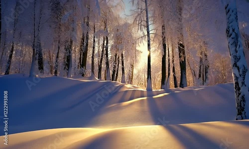 Snow-covered forest bathed in warm golden sunlight during winter, creating a serene and magical atmosphere of nature's beauty and tranquility.
 photo