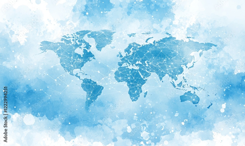 Artistic world map in blue watercolor style with a soft, abstract design, representing global travel, geography, international business, and creativity.