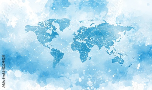 Obraz na płótnie Artistic world map in blue watercolor style with a soft, abstract design, representing global travel, geography, international business, and creativity. w salonie