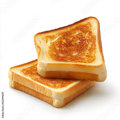 Golden, crispy slices of toasted bread stacked deliciously on a white background. photo