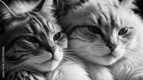 Close-up of two adorable cats cuddling together in black and white for pet lovers and feline photography
 photo