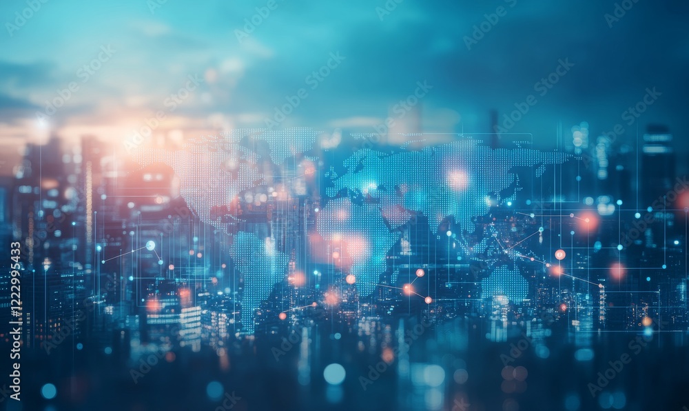 Abstract depiction of a world map integrated with a glowing network grid overlaying a modern cityscape, symbolizing global connectivity.