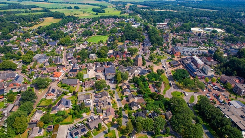 An aerial panorama view around the old town of the city Borger on a sunny summer day in the Netherlands photo