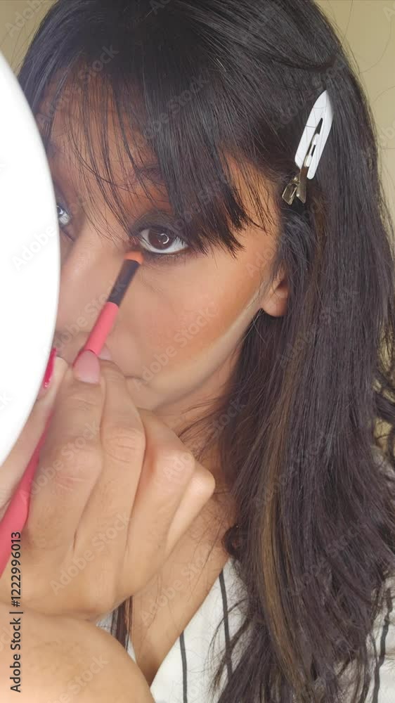 Latin woman blending eyeshadow to create a smockey eye makeup look Latin woman blending eyeshadow to create a smockey eye makeup look