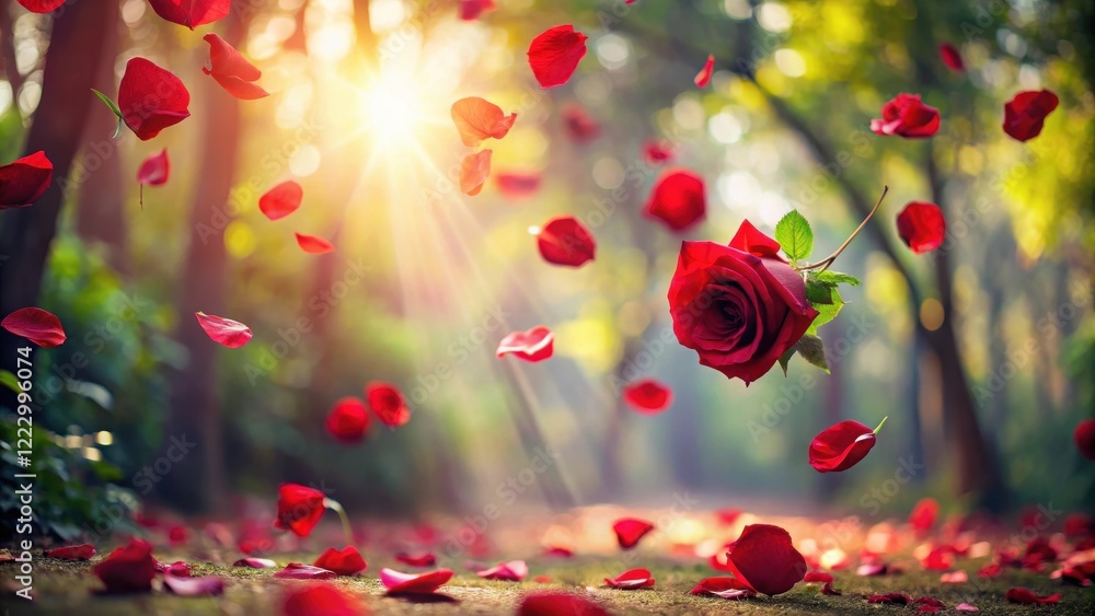 Obraz premium Delicate red rose petals gently float away in a gentle breeze carried by soft sunlight filtering through trees , ambiance