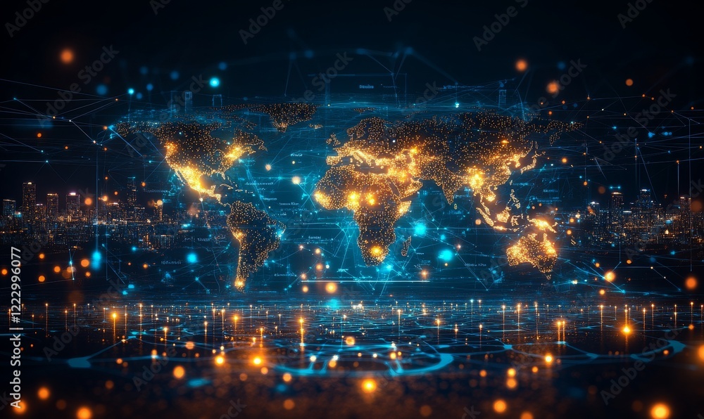 Futuristic digital world map with glowing data connections, representing global networking, technology, big data, and artificial intelligence in cyberspace.