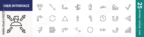 outline user interface icons set. editable linear bifurcation, down right arrow, 3d up arrow, and other 22 icons in this category isolated on transparent background.