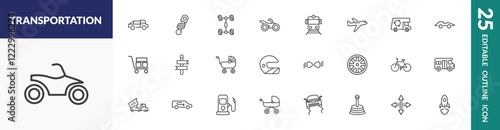 outline transportation icons set. editable linear midget car, chassis, train front view, and other 22 icons in this category isolated on transparent background.