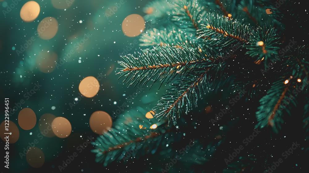 Christmas tree branch covered in snow with colorful bokeh lights creating a festive holiday atmosphere during winter season celebrations Christmas tree branch covered in snow with colorful bokeh lights creating a festive holiday atmosphere during winter season celebrations